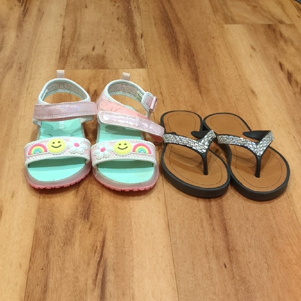 Carter's Pink & Green Light Up Smile Sandals And Black Rhinestone Flip Flops 12